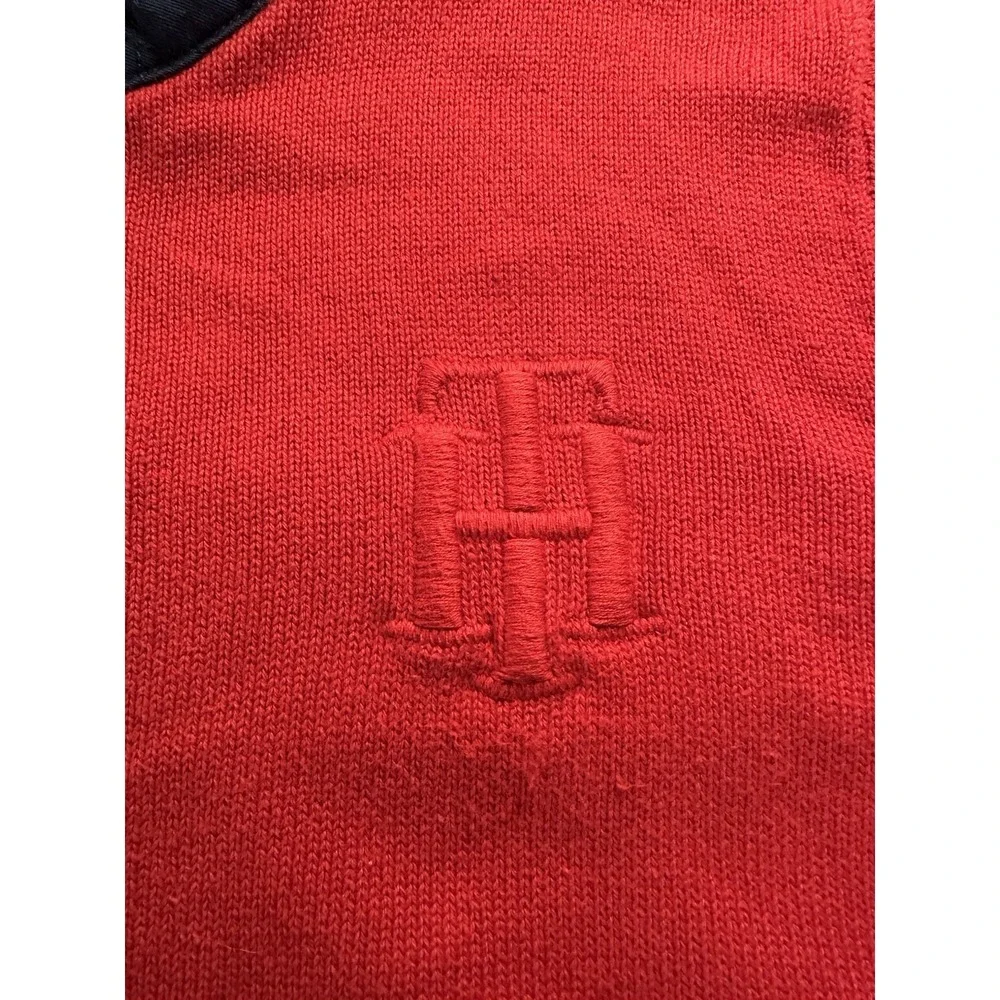 VTG Tommy Hilfiger 1/4 Zip Mens Largeee Sweater Pullover Red Embroidered Fleece